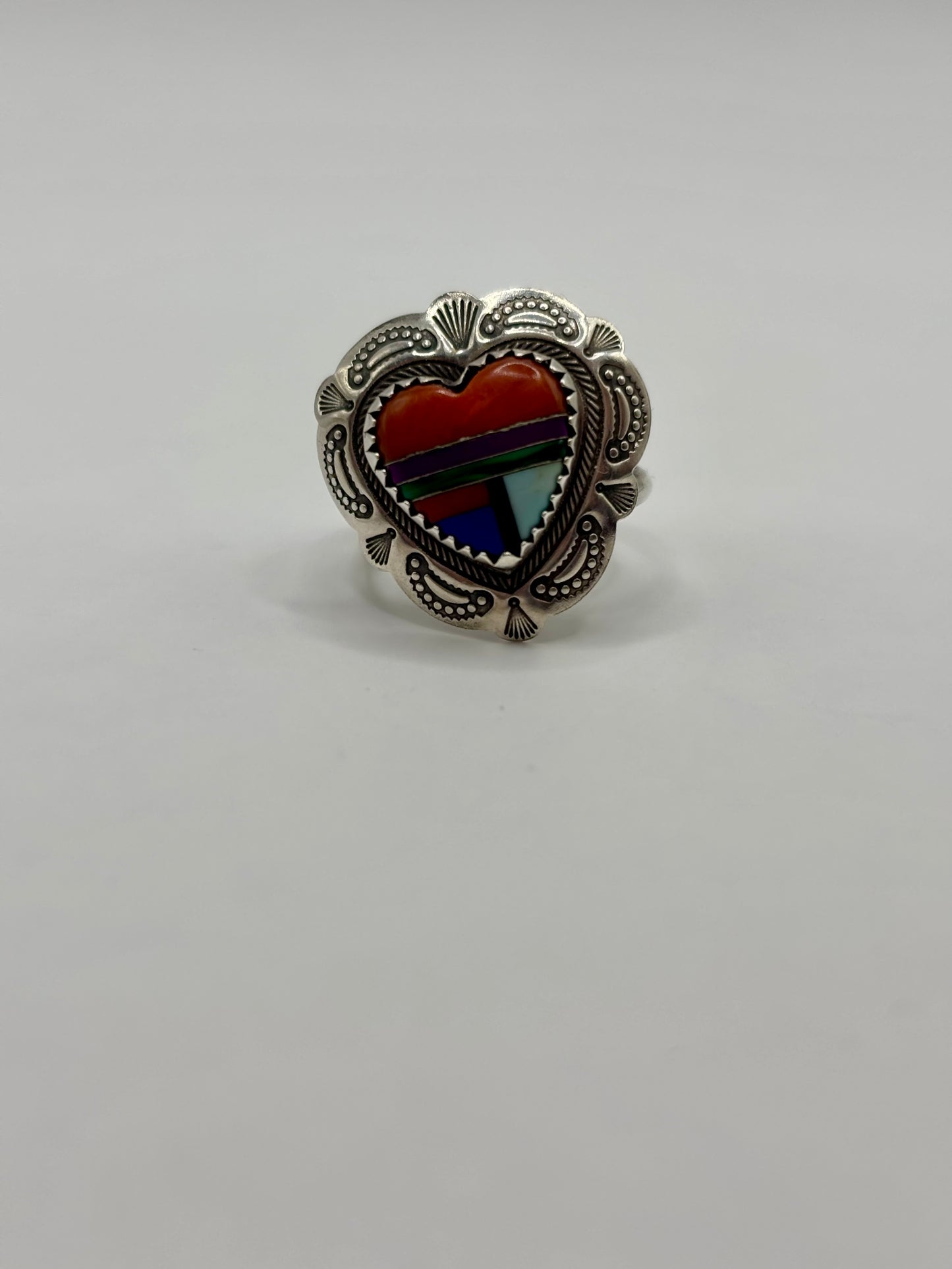 Navajo sterling silver etched multi gemstone inlaid heart ring