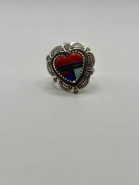 Navajo sterling silver etched multi gemstone inlaid heart ring