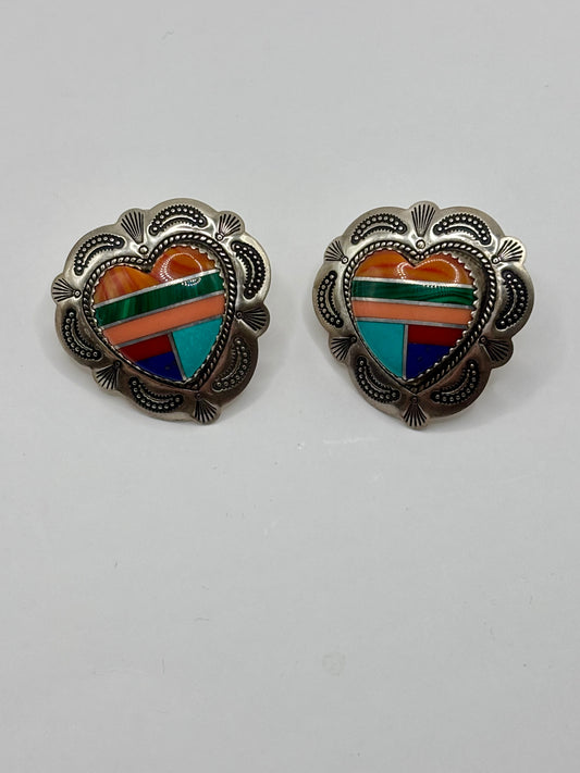 Navajo sterling silver etched multi gemstone inlaid earrings