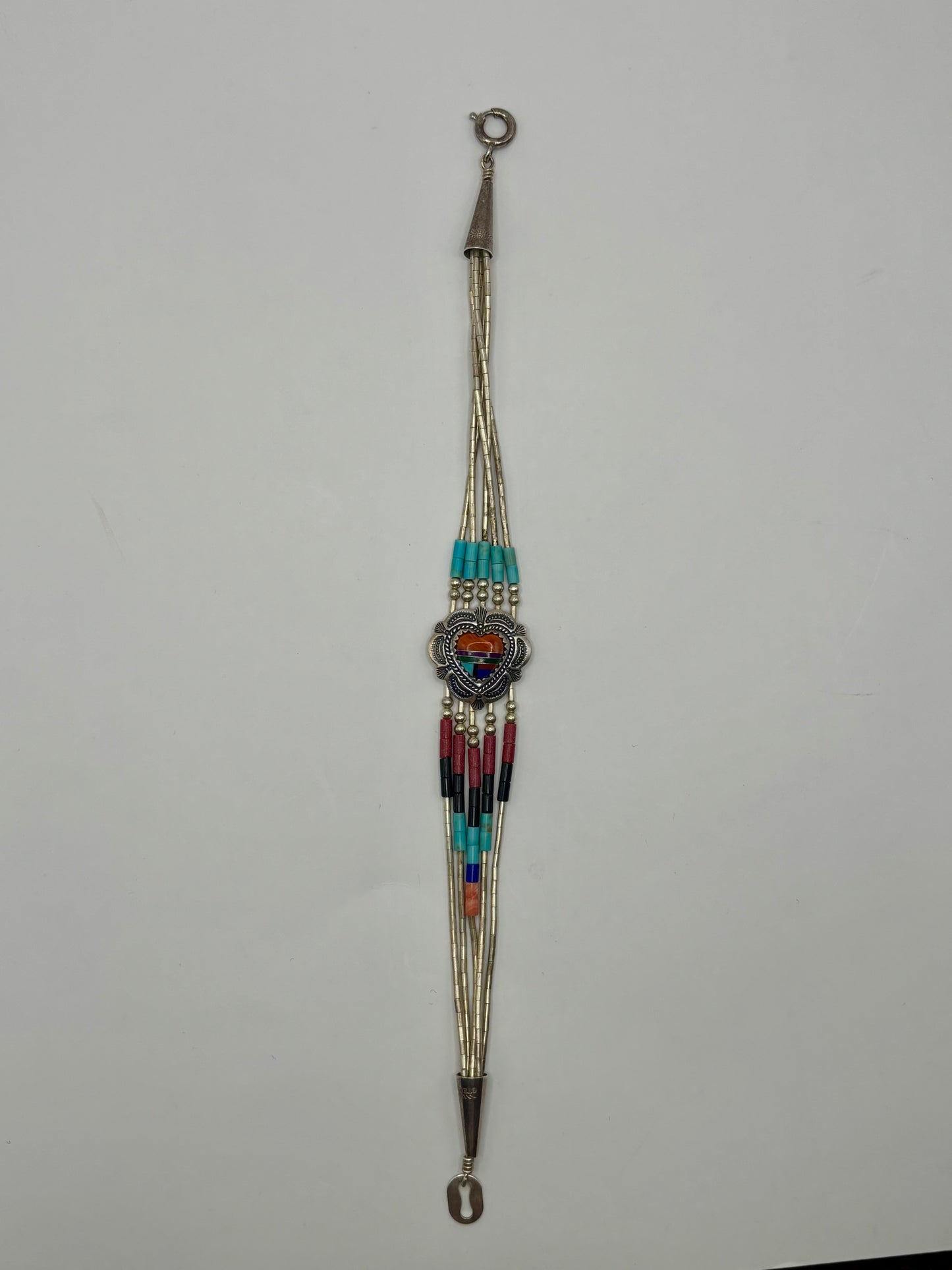 Navajo style sterling silver etched multi gemstone bead and inlaid liquid bracelet