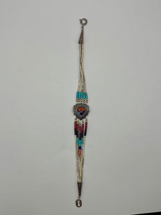 Navajo style sterling silver etched multi gemstone bead and inlaid liquid bracelet
