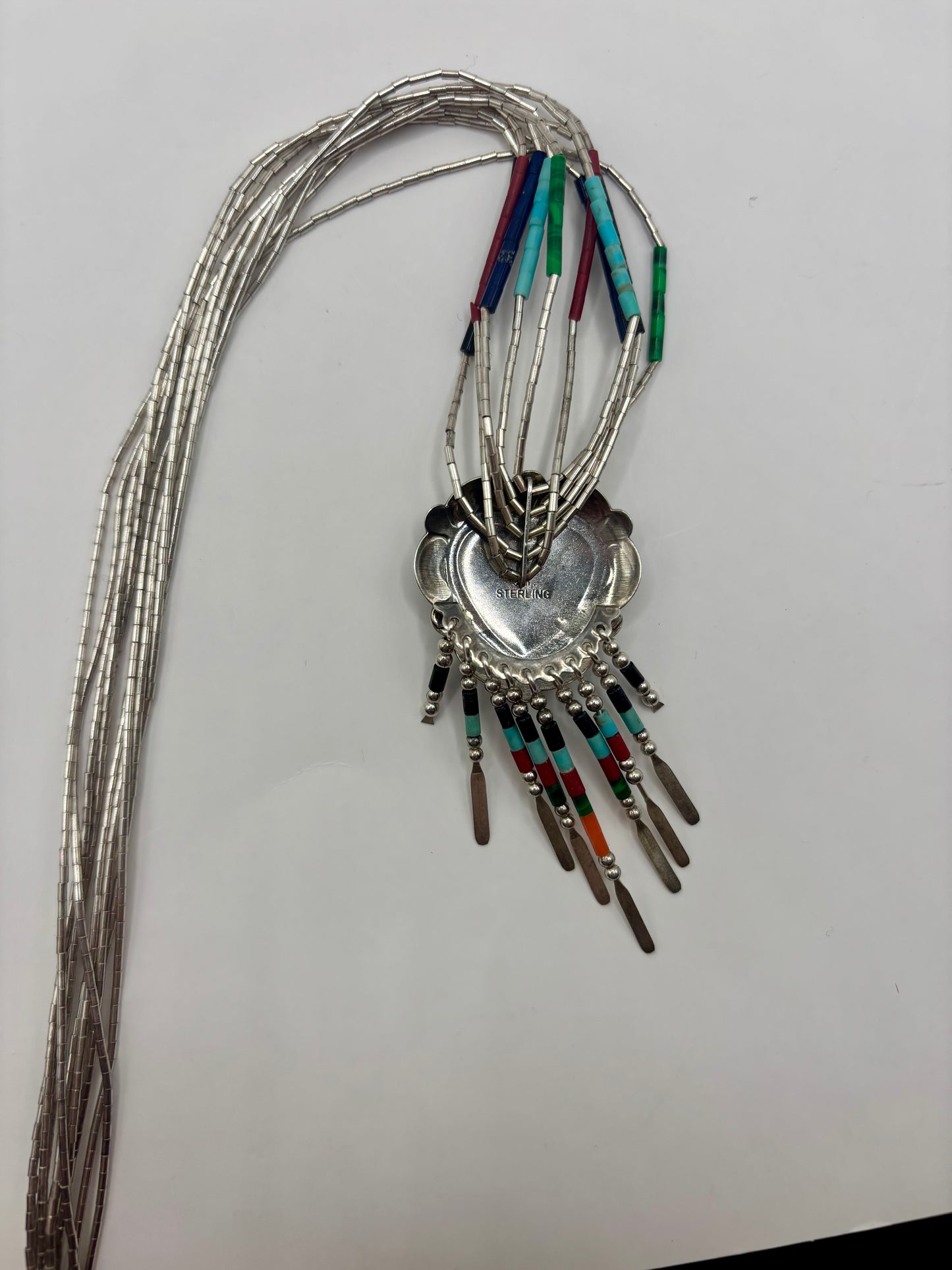 Navajo style liquid sterling silver multi gemstone inlaid heart necklace 24”