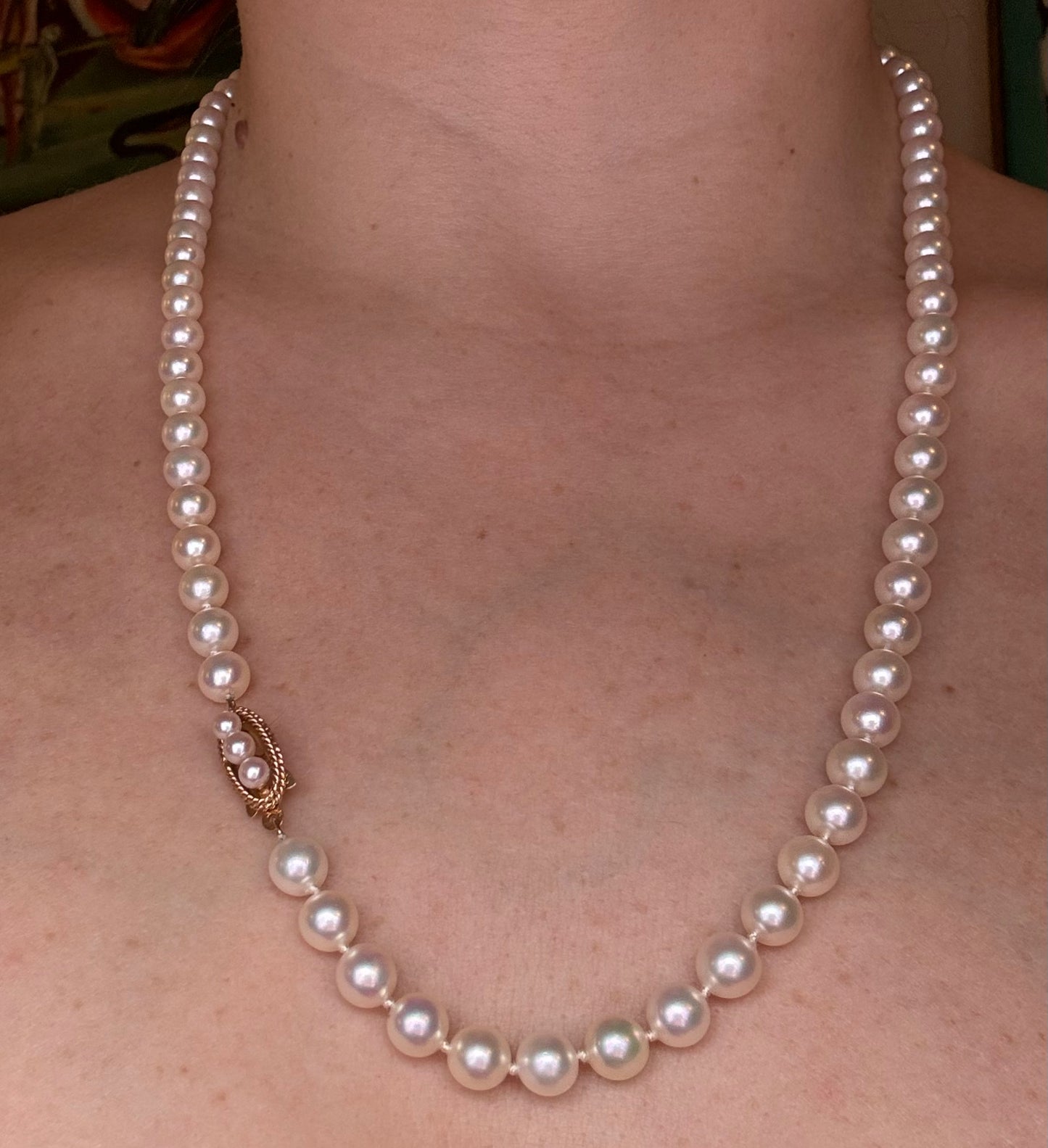 Long 24” vintage pearl necklace with 14k yellow gold clasp