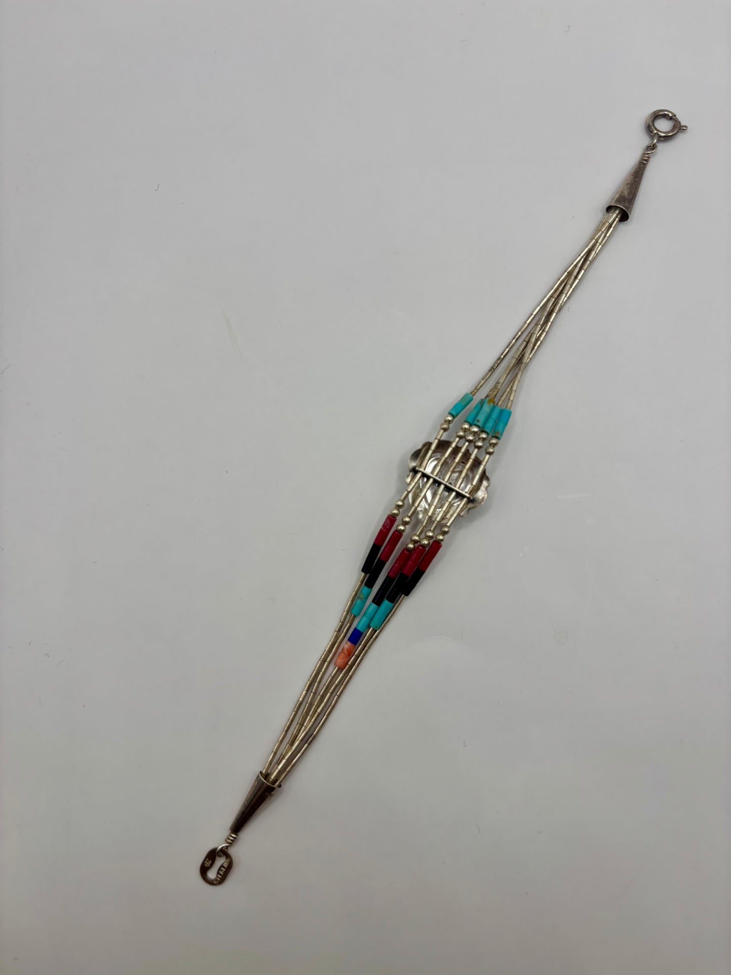 Navajo style sterling silver etched multi gemstone bead and inlaid liquid bracelet