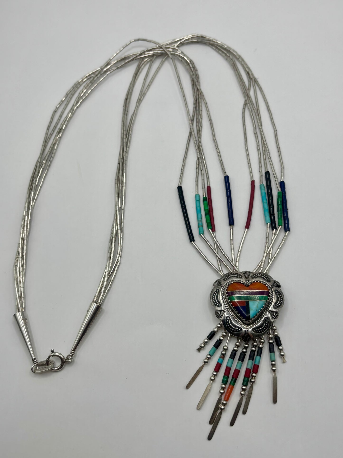 Navajo style liquid sterling silver multi gemstone inlaid heart necklace 24”