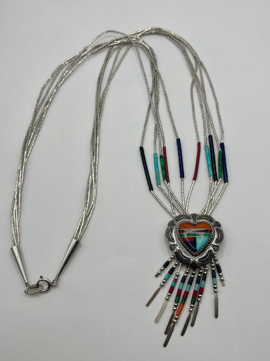 Navajo style liquid sterling silver multi gemstone inlaid heart necklace 24”