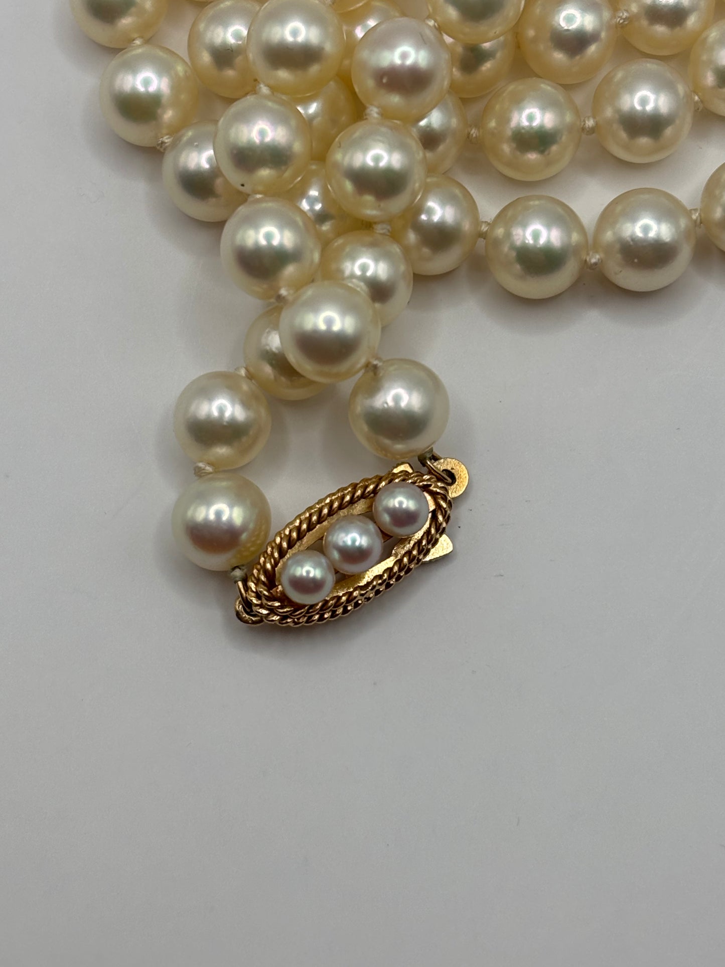 Long 24” vintage pearl necklace with 14k yellow gold clasp
