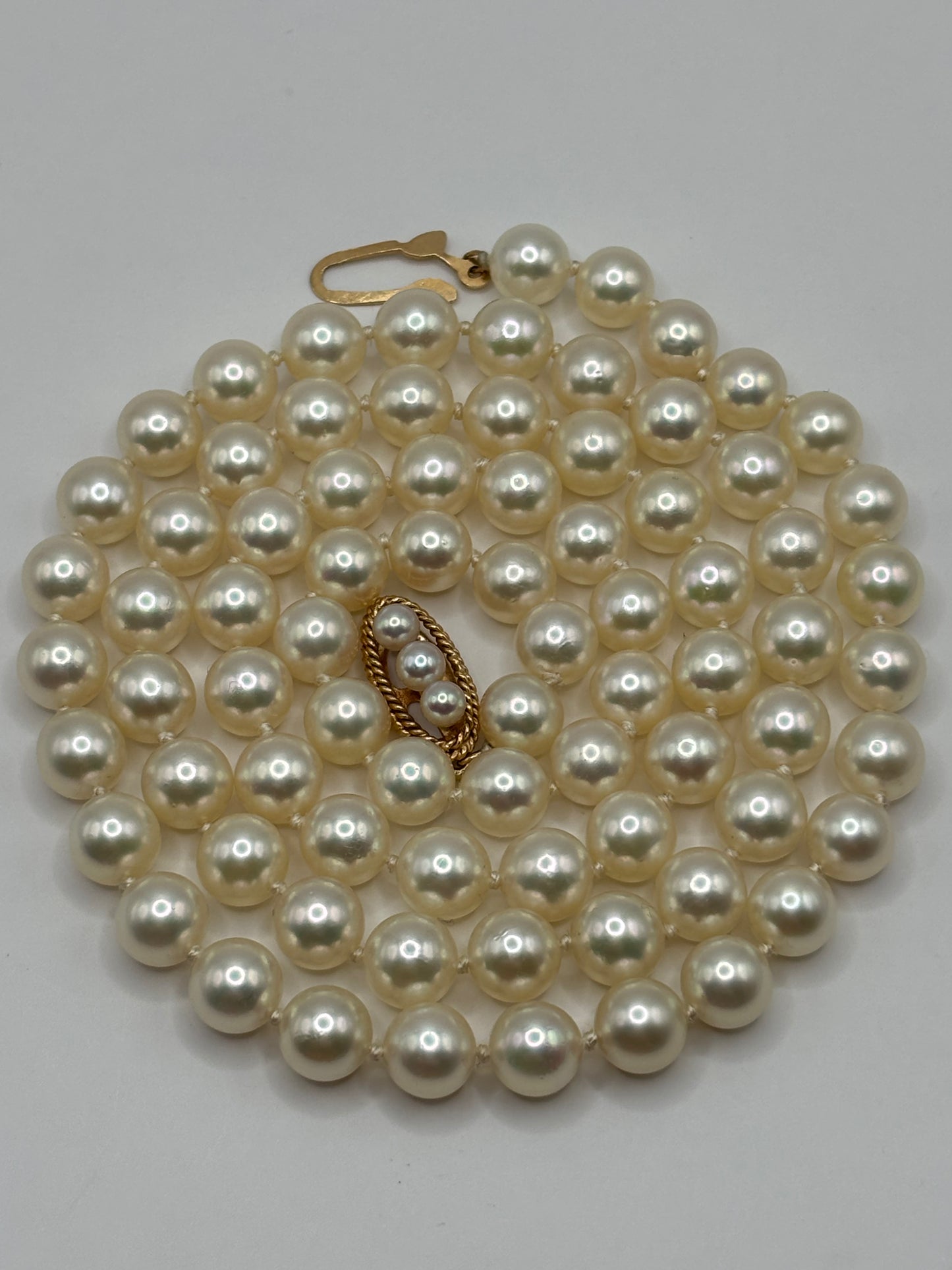 Long 24” vintage pearl necklace with 14k yellow gold clasp