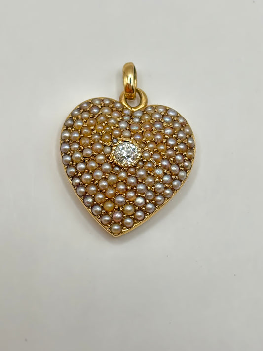 Antique seed pearl heart locket with diamond