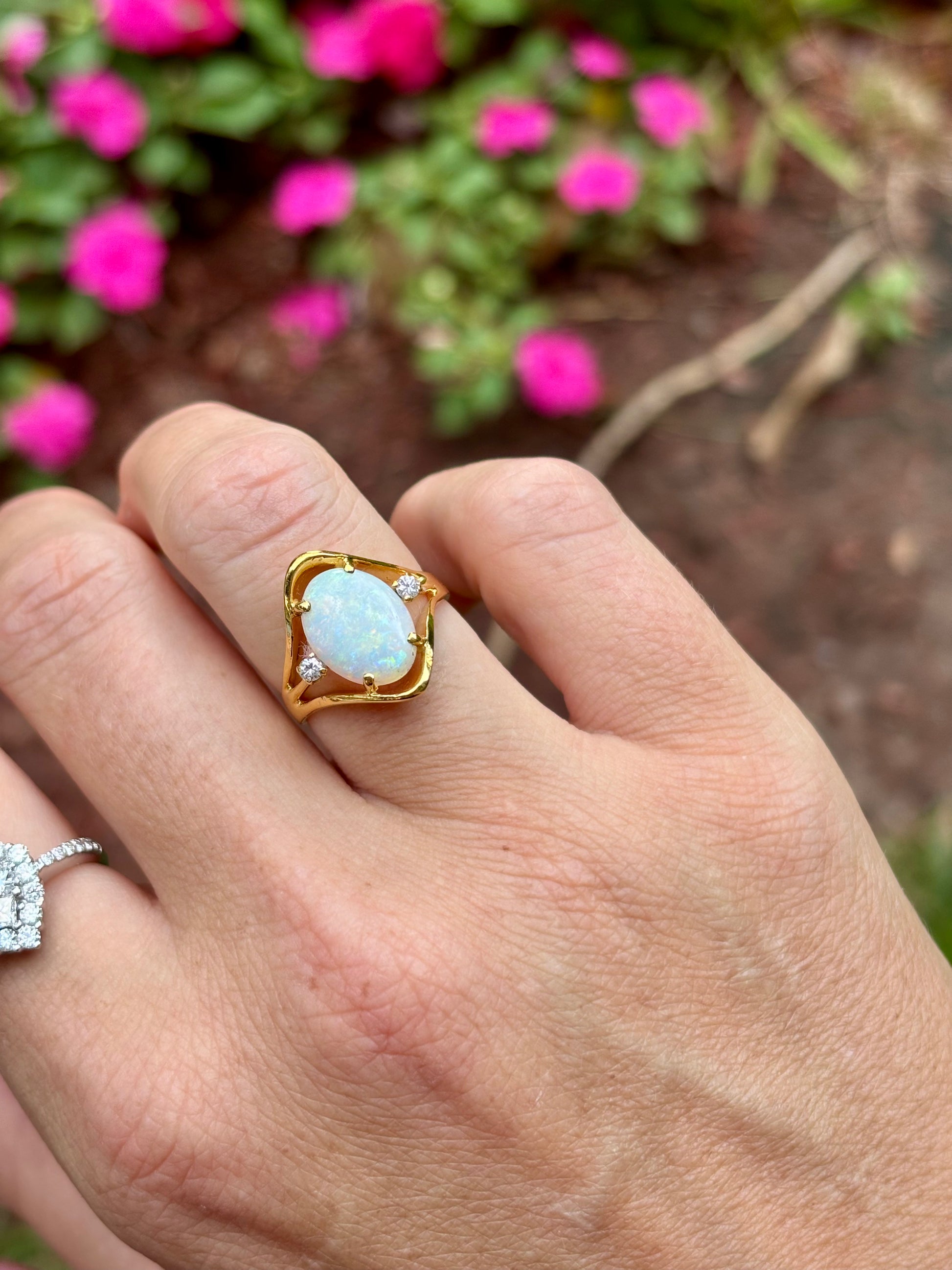 14k natural opal and diamond ring - Default Title
