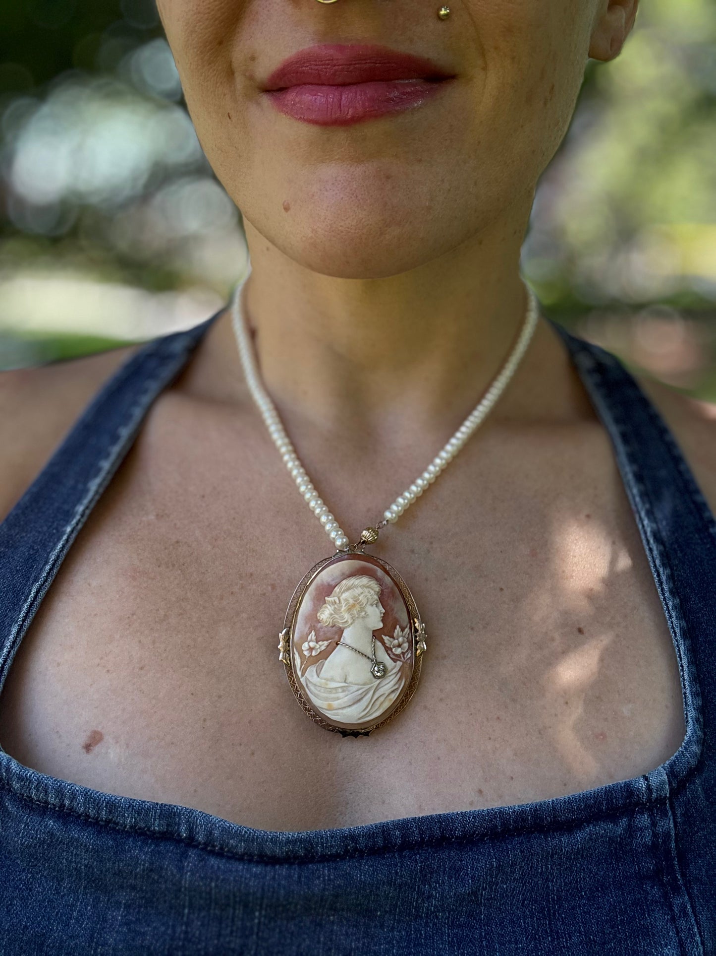 Antique carved shell cameo with old cut diamond