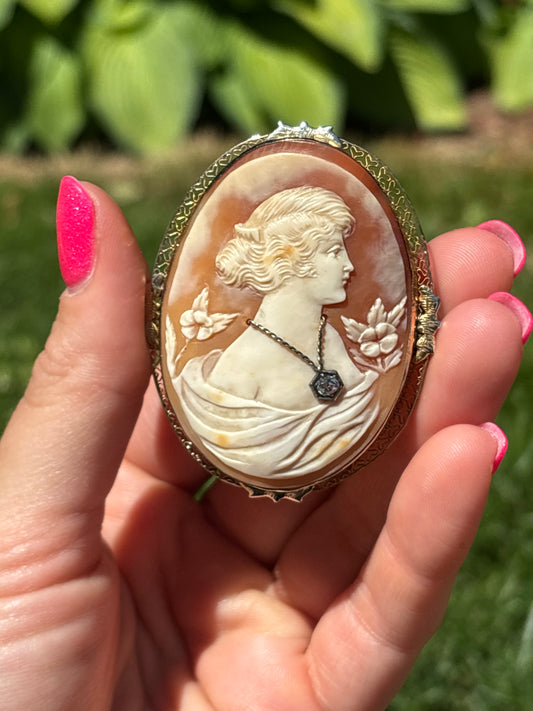 Antique carved shell cameo with old cut diamond